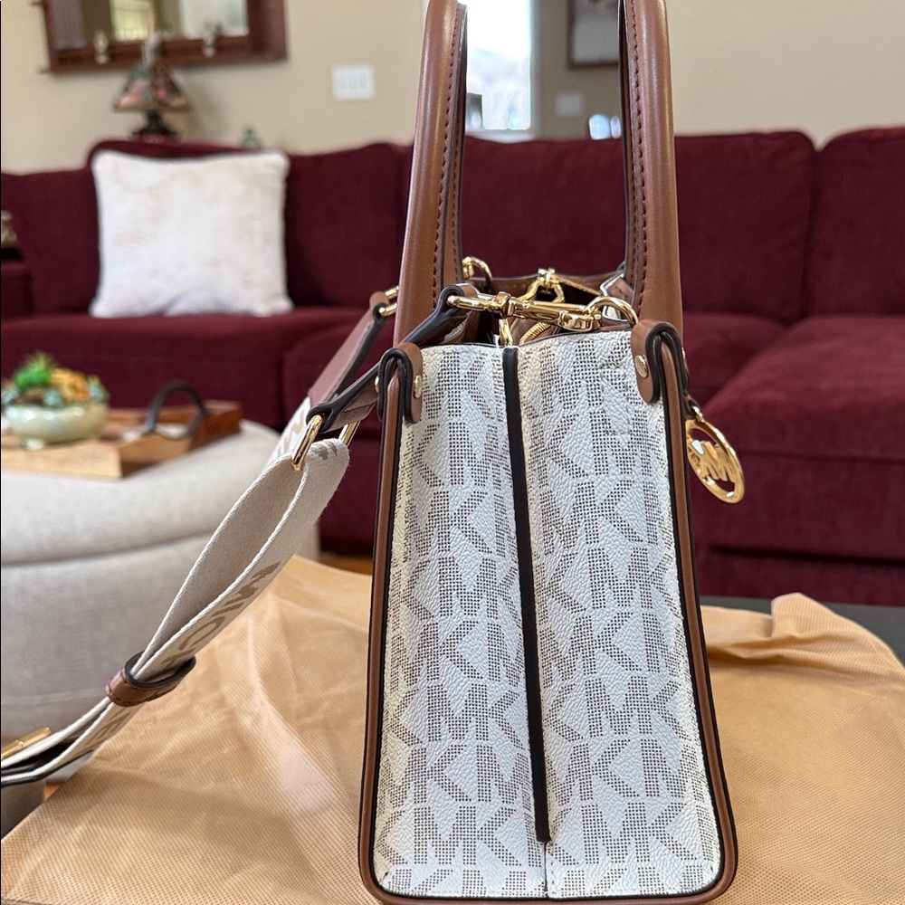 Michael Kors Beige/Chestnut Signature Canvas Satchel with Logo Strap - Picture 6 of 6